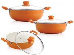 NIRLON Ceramic Coated Aluminum Kadai with Glass Lid 3pcs Set Induction Bottom Non-Stick Coated Cookware Set(Aluminium, 3 - Piece)