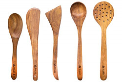 Rusabl (Pack of 5) 100% Pure Premium Sheesham Wooden Spatulas, Paltas, Strainers, Dohi, Serving & Butter Spoon for Cooking Dosa, Chapati, Rice, Kitchen Tools with Non-Toxic Polish, Heat Resistant, Non-Stick