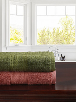 MYTRIDENT Olive Green  Coral 2 Pieces 450GSM Cotton Towel