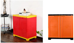 Cello Novelty Compact Plastic 2 Door Cupboard with Shelf(Orange and Brown) & Novelty Compact Plastic Cupboard with Shelf(Red and Yellow)