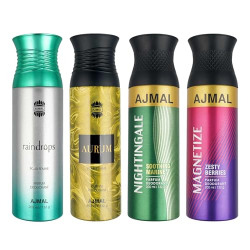 AJMAL 1 Raindrops Femme for Women, 1 Aurum Femme for Women, 1 Nightingale and 1 Magnetize for Men & Women Deodorants each 200ML Combo pack of 4 (Total 800ML)