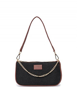 ZOUK Jet Black Solid Printed Women's Jute Handcrafted Vegan Leather Black Mini Shoulder Bag