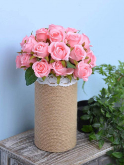 TIED RIBBONS Set Of 12 Pink & Green Artificial Rose Flowers