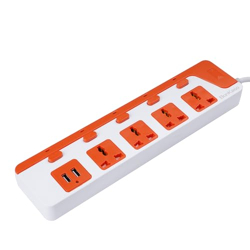 BonKaso 4-Socket Power Strip with Dual USB - 4 AC Sockets, 2 USB, 1.5m Cord Length, 1500 W, Compact 26cm Size, Ultra-Light 500g (White & Orange)