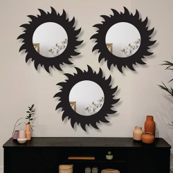 Creative Arts n Frames 11 inch Set of 3 Round Wall Dcor Hand Crafted Wooden HD Wall Mirror Panel for Living Room Bedroom Lobby Modern Wall Decor (Black 2)
