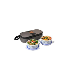 CELLO Opalware Mosaic Rose Lunch Box with Jacket | Leak-Proof & Thermal Resistant | Microwave Safe & Dishwasher Safe | 2 Container with Lid 300ml Each | Set of 2