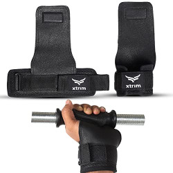 XTRIM Natural Leather Grips with Wrist Support for Palm & Wrist Protection, Hand Gymnastic Gym Gloves for Deadlifting, Calisthenics, Pull-Ups, Chin Up, Kettlebell, Cross Training Workout (Black)