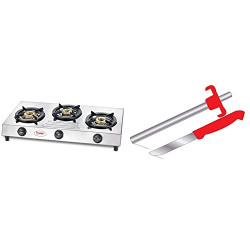 Prestige Fame Stainless Steel Gas Stove & Stainless Steel PGL-03 Gas Lighter with Knife, Red Combo