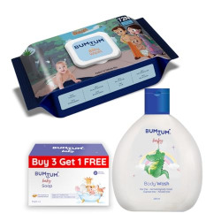 Bumtum Chota Bheem Gentle Soft Moisturizing Wet Wipes with Lid - 72 Pcs.(Pack of 1) & Baby Soap (4N x 50 Gram) & Baby Body Wash (200 ML) Combo