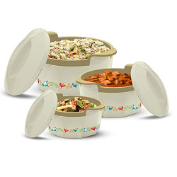 MILTON Elegance Jr. Inner Stainless Steel Casserole Gift Set of 3 (395 ml, 750 ml, 1.35 litres), Cream | PU Insulated | BPA Free | Food Grade | Hot & Cold | Easy to Carry