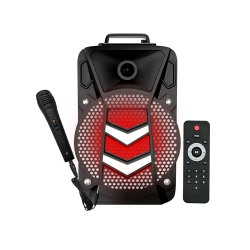 AmazonBasics Party Speaker with Karaoke Mic, 20W, 8  Double Woofer, RGB Light, 1800 mAh Battery, Digital Display, Remote Control, Bluetooth/Aux/USB Port/SD Card Connectivity (Black)