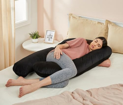 Amazon basics Full Body U-Shaped Pregnancy Pillow for Maternity & Baby Nursing | Abdomen, Hip, Spine, Neck & Head Support Cushion Velvet Outer Cover with Zip (Black)
