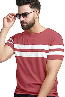 AUSK T-Shirt for Mens Double Stripes on Chest (Color-Peach, Size-S)