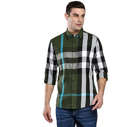 Dennis Lingo Men's Checkered Green Slim Fit Cotton Twill Casual Shirt with Spread Collar & Full Sleeves