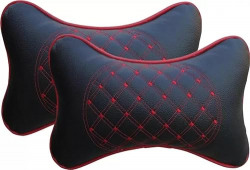 Adroitz Car Neck Rest Pillow Head Rest Cushion for Maruti Suzuki WagonR, Maruti Suzuki Swift, Hyundai Creta, Maruti Suzuki Baleno (Black, with Red Embroidery) -2 Pieces