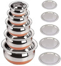 LIMETRO STEEL Copper Base Handi with Lid / Urli Set Cookware Set(Stainless Steel, 5 - Piece)