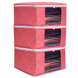 LAXIS Storage Box for Clothes Foldable Clothes Oraniser for Wardrobe with Transparent Windor and Zipper Non Wowen Fabric Saree Covers Clothes Storage bag Ideal for Lehenga Saree (Pack Of 3, Peach)