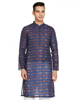 Manthan Men's Kurta, Mandarin Collar Full Sleeves Ethnic Knee Length Kurta for Festival, Wedding, Party Cotton, (Blue - 7) (S)
