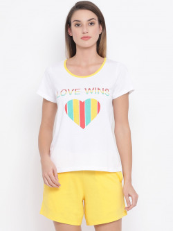 Clovia Cotton Rich Heart Print Top & Shorts Set