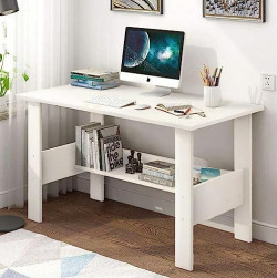 EKRON Engineered Wood (ST-004/White) Computer Desk with One Tier Shelves Laptop Study Table for Office Home Workstation Writing Modern Desk (90 x 50 x 77 cm)