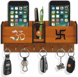 Khatu Crafts Om Swastik Key holder for home / office / kitchen / key holders / key holder for wall / key holder / Best decorative item for home dcor / festive dcor Mobile stand cum Wood Key Holder(8 Hooks, Brown)