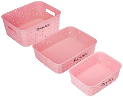 Floraware Unbreakable Plastic Multi use Storage Basket (Pink, 3)