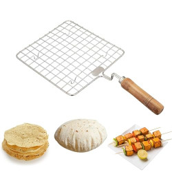 PANCA Stainless Steel Papad Jali, Paneer Grill, Roti Maker, Barbeque Chapati Toast Grill Wooden Handle Vegetable Tandoor Net, Baigan Bharta (Square)