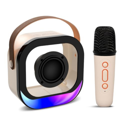 pTron Fusion Moment Mini Bluetooth Speaker with Mini Wireless Karaoke Mic, RGB Lights, Voice Change Effects, 6Hrs Playtime, Bluetooth V5.3 & Type C Fast Charging Port (Beige)