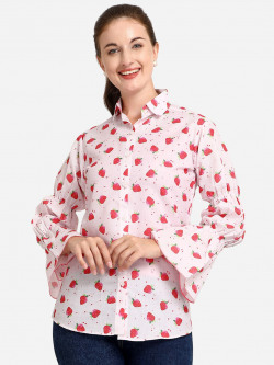 White World Conversational Printed Bell Sleeves Cotton Casual Top
