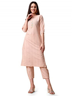 EthnicJunction Women's Woven Striped Work Straight Kurta with Pant (BT5-Rangsari-Peach_XL_Peach)