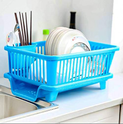 Homeor 3 in 1 Durable Plastic Kitchen Sink, Large Dish Rack Drainer, Drying Rack Washing Basket with Tray for Kitchen, Dish Rack Organizers, Utensils Drainer Basket for Kitchen, Blue