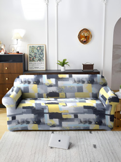 Aura Grey & Yellow Printed Stretchable Three Seater  Sofa Cover With Arms