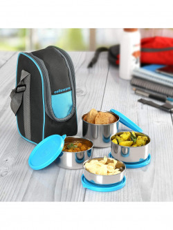 Cello Steelox Set of 4 Blue Stainless Steel Lunch Box with Jacket- 225ml, 375ml, 550ml