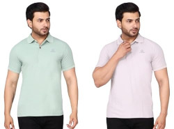 AEMA Pack of 2 Cotton Blend Plain T Shirt || Half Sleeve Tshirt Mens wear ||Polo Neck Solid Tshirt for Men Pista Off White