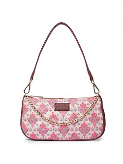 ZOUK Kashmiri Tulips Motif Printed Women's Jute Handcrafted Vegan Leather White and Red Mini Shoulder Bag