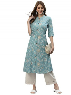 Stylum Women's Floral Print Rayon A-Line Kurta (FIONAAQUA48_Aqua, 4XL)