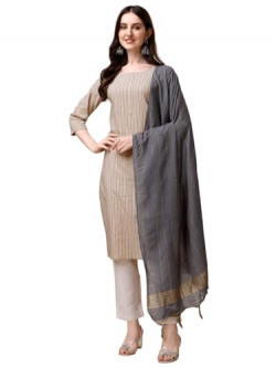 Fashion Basket Women Cotton Striped Printed Kurta Set with Pant & Dupatta (Small, Beige)