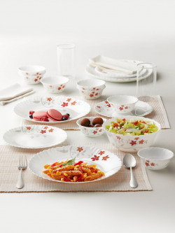 Larah by BOROSIL Rosalie White 17 Pieces Floral Printed Opalware Rosalie Dinner Set