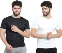 af collection Solid Men Round Neck Black, White T-Shirt