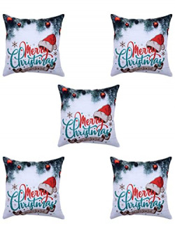 HOMETALES Pack of 5 Jute Christmas Printed Square Cushion Cover 40x40 Cm Multicolor