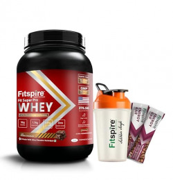 Fitspire Fit Super Pro Whey Protein | 36g Protein | 7.8g BCAA | Muscle Growth & Recovery | DigeZyme For Easy Digestion | With Free Energy Bars & Shaker (Double Chocolate, 2 lbs, 30 Servings)
