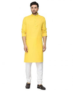 Gauri Laxmi Enterprise WELTPOCKET  Men's Cotton Knee-Long Full Sleeve Solid Straight Kurta Pyjama Set (Small, Yellow)