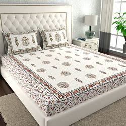La Verne140 TC 100% Cotton King Size Jaipuri Rjasathani Print Bedsheet with 2 Pillow Covers (White)