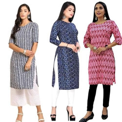 RaFaKHa Fashion Design Redple Printed Kurti 3/4 Sleeves|Casual | Upper Wear|Western Outfit for Girls & Women|Poly Crepe Kurtis Combo 3 (Blue, Navy Blue & Red,L)
