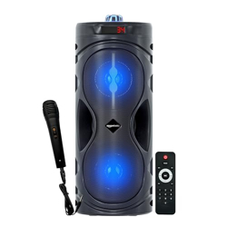 Amazon Basics Party Speaker with Karaoke Mic, 16W, 4  Double Woofer, RGB Light, 1800 mAh Battery, Digital Display, Remote Control, Bluetooth/Aux/USB Port/SD Card Connectivity
