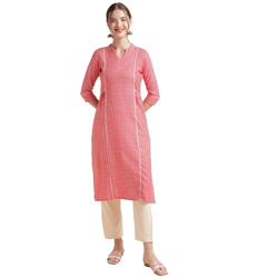 NAINVISH Women's Cotton Blend Printed Straight V-Neck Kurta (SD558_K-M_Red)