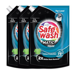 Safewash Top Load Matic 1L Refill Pouch Pack of 3 Premium Liquid Detergent with Colour-Protect Technology| 2X Stain Removal | For All Types of Fabrics