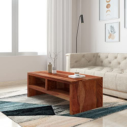Amazon Brand - Solimo Rusteeq Coffee Table with 2 Shelves (Sheesham Wood, Natural Finish)