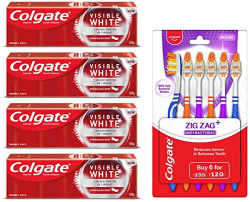 Colgate Visible White Teeth Whitening Toothpaste, Pack of 400g(100g X 4) & ZigZag Manual Toothbrush for adults