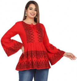 priyagani Casual Bell Sleeves Printed Women Red Top